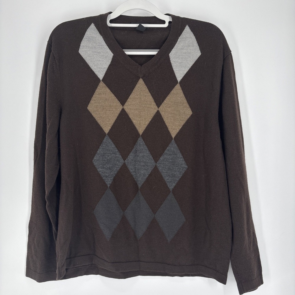 Alfani Argyle Sweater Womens Large Brown Gray Merino Wool Long Sleeve V-Neck